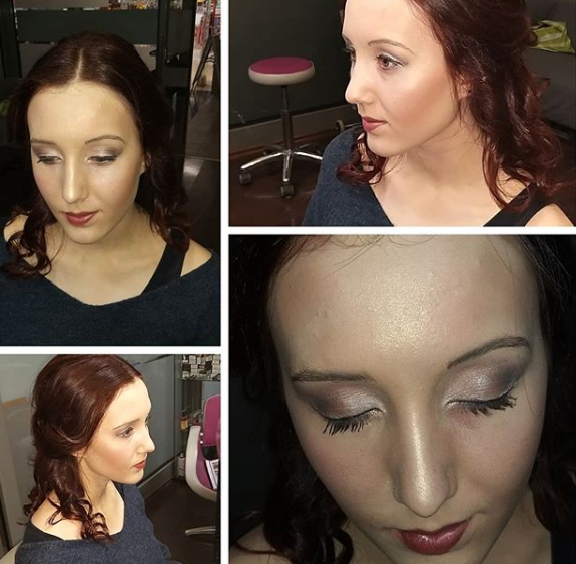 A collage of a woman with makeup showcasing different angles