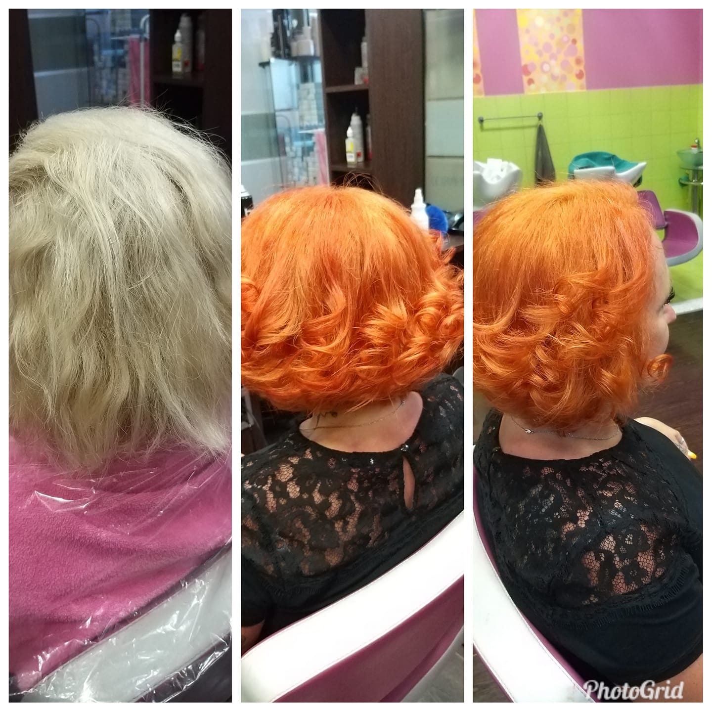 Before and after hair color transformation in a salon setting